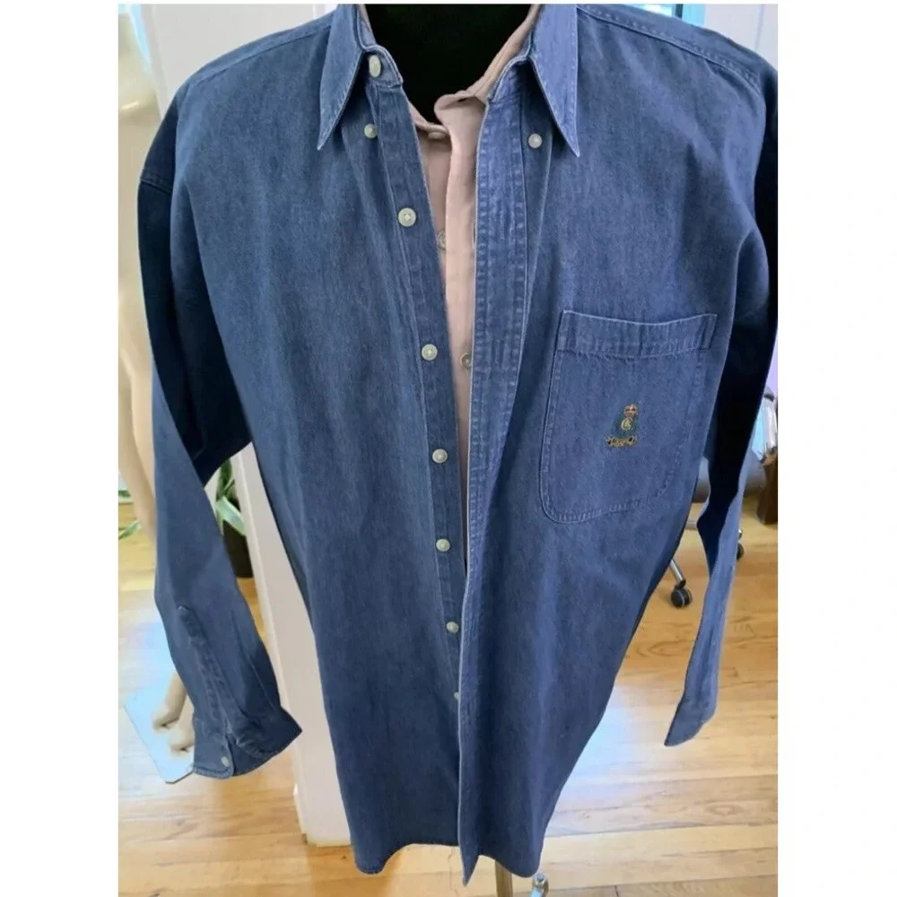 VTG 80s Men's Chaps Ralph Lauren Denim cotton Shirt Crested pocket Long Slv XL